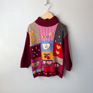 Vintage Teddy Bear Heart Patchwork Knit Turtleneck Sweater 3T